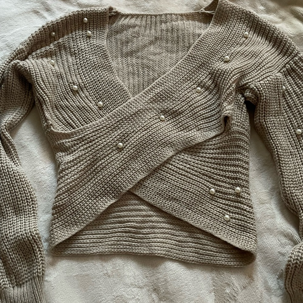 Elegant Beige Sweater with Pearl Accents